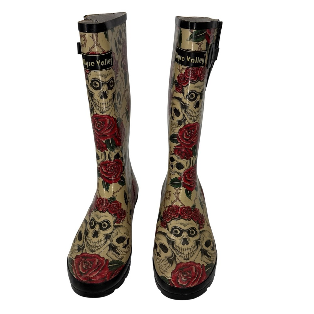 Wyre Valley Skull Rose Gothic Rain Boots Women's 8 Punk Alt Rubber - Picture 2 of 16